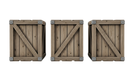 Three rustic wooden crates with metal corner reinforcements isolated on transparent background