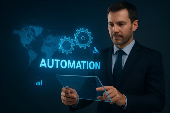 Businessman Operating Global Automation System on Futuristic Tablet