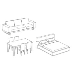 Line Drawing of Furniture: Sofa, Dining Set, Bed whisk