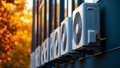 Industrial air conditioning units mounted on modern building exterior wall. HVAC systems provide climate control for commercial spaces