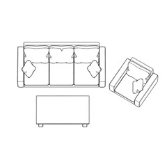 Line drawings of living room furniture including sofa and coffee table