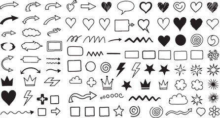 Obraz premium Hand-drawn doodle arrow collection, hearts, stars, and clouds design elements
