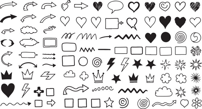 Hand-drawn doodle arrow collection, hearts, stars, and clouds design elements