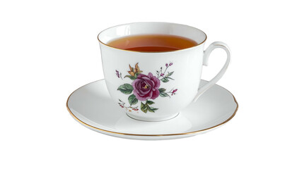 Floral teacup with tea, on a saucer, against a black backdrop