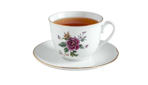 Floral teacup with tea, on a saucer, against a black backdrop