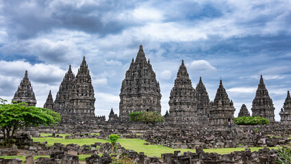 Yogyakarta Indonesia – Exterior view of Prambanan, a Hindu temple complex known for its towering...