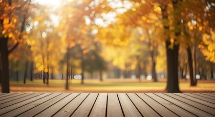 Autumn park scene with wooden deck for product placement or display