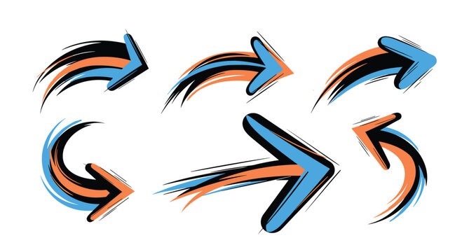 Set of six hand-drawn arrows in blue, orange, and black with a brushstroke effect.