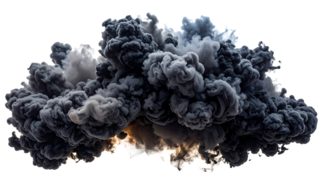 Massive Dark Gray and Black Smoke Cloud Explosion Effect, Isolated on Transparent Background - Cut Out