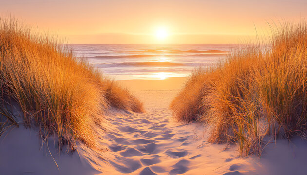 Golden sun sets over ocean horizon. Sandy dunes with tall dry grass frame beach and calm sea waves. Footprints on sand path lead toward tranquil water