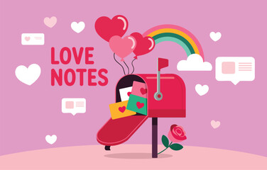 Charming Valentines Day Illustration with Love Notes Mailbox Balloons and Rainbow for Romantic Celebrations and Greetings to Express Affection and Joyful Connection in a Whimsical Setting