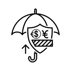 Currency protection icon showing shield under umbrella isolated on