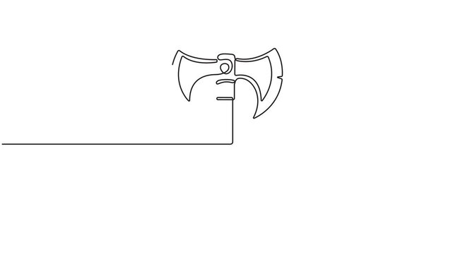 Self drawing line animation axe, continuous one line drawing, double headed battle ax concept, symbol 4k animation video.