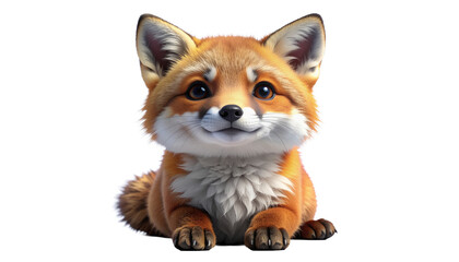 Cute cartoon fox with orange and white fur, small paws, and big eyes, lying down and looking forward, clean white background