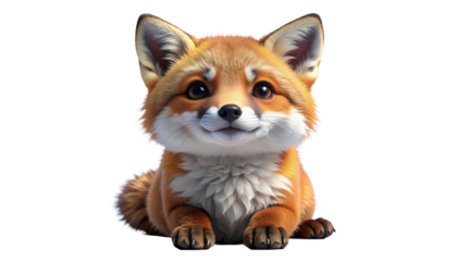 Cute cartoon fox with orange and white fur, small paws, and big eyes, lying down and looking forward, clean white background