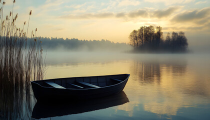Fototapeta premium Sunrise view of lake with wooden boat in thick fog. Calm waters reflect sky, reeds. Birds fly in distance. Misty landscape evokes serenity, escape
