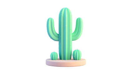 A stylized light green cactus with vertical ridges on a pink base, with two small cacti at the base, product shot isolated