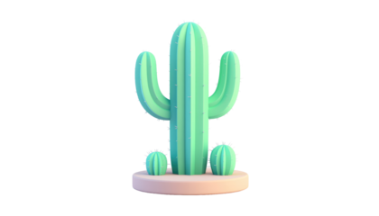 A stylized light green cactus with vertical ridges on a pink base, with two small cacti at the base, product shot isolated