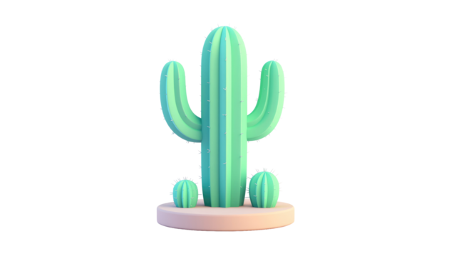 A stylized light green cactus with vertical ridges on a pink base, with two small cacti at the base, product shot isolated
