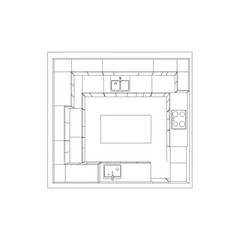 Top View Wireframe Kitchen Layout with Island and Appliances Keywords: kitchen, layout, top view