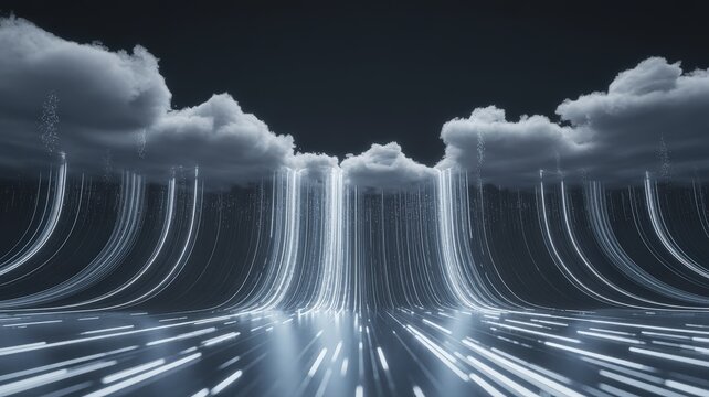 Abstract Digital Waterfall of Light Streams Flowing from Clouds. - Powered by Adobe