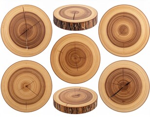 Nine wood slice circles show texture and tree rings
