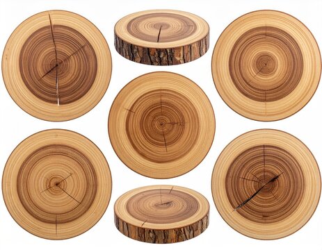 Nine wood slice circles show texture and tree rings