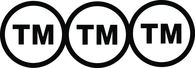 Minimal overlapping TM trademark symbol icons set inside circular outline, bold black legal registration mark, modern vector illustration for branding protection and identity design
