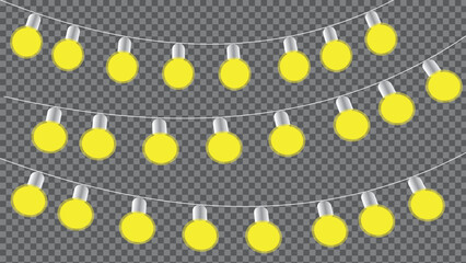 Bright yellow glowing string lights, festive decorative elements with transparent background, perfect for holiday celebrations, party designs, and joyful event graphics