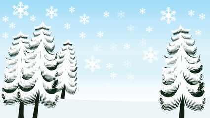 Winter landscape with snow covered trees, Christmas background illustration