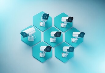 A collection of seven modern white security surveillance cameras mounted on teal hexagonal platforms arranged in a honeycomb pattern against a soft blue gradient background, symbolizing network securi