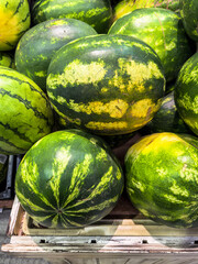 Fresh Watermelons Piled in a Wooden Crate for Market Display and Summer Refreshments Outdoor Sales