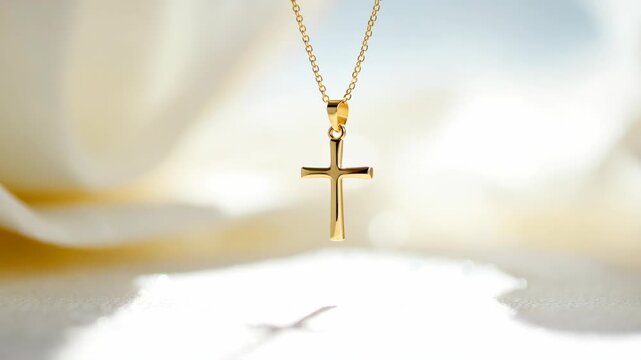 Gold cross necklace pendant hanging against a soft white background. Christian faith symbol with light flares and bokeh. Religious jewelry concept