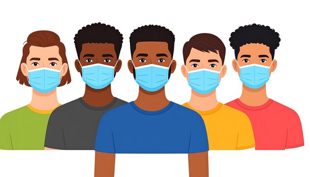 Group illustration of five diverse-looking people, all wearing blue surgical masks, against a plain white background