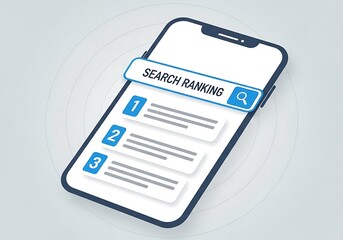 Isometric illustration of a smartphone displaying a search ranking list with numbered results one, two, and three under a search bar labeled search ranking, symbolizing mobile search engine optimizati