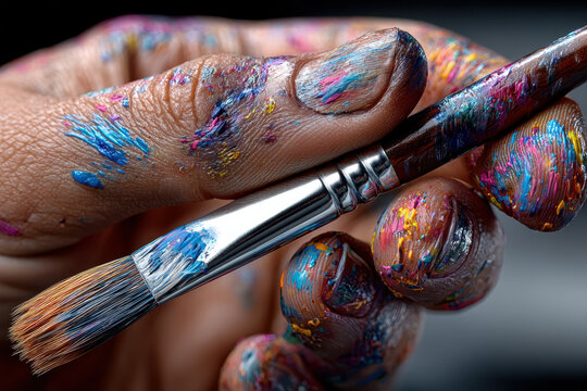 Creative artist showcases colorful paint on hands while holding a brush in an art studio - Powered by Adobe