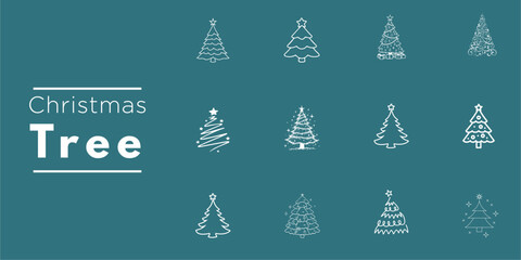 Christmas Tree Line Art Outline Vector Set - Hand Drawn Sketch Doodle Icon Collection Orange White Festive Holiday Pine Star Ornament Thin Line Minimalist Design Clipart Element for Greeting Card Art
