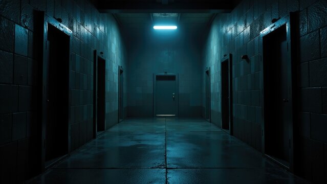 A dimly lit hallway with two closed doors and a single light source