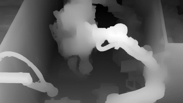 Visual representation of industrial robotic arms on a production line, shown in grayscale depth map and heatmap format for automation and machine vision analysis.