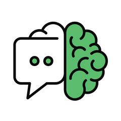 Green brain with white speech bubble and two green dots talk communication