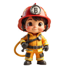 Cute cartoon child firefighter in uniform holding hose, professional character illustration (Transparent Background)