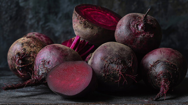 Fresh Organic Beetroots: Vibrant Whole and Sliced Root Vegetables on Rustic Background - Powered by Adobe
