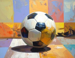Soccer ball on checkered colorful background