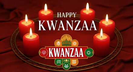 HAPPY KWANZAA Design with Glowing Kinara, Festive Candles, Gifts, and African Patterns