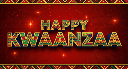 Golden Embossed 'Happy Kwanzaa' Text on Red Background with Tribal Motifs