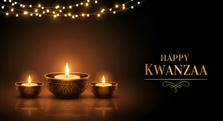 Elegant Candles with Happy Kwanzaa Greeting Illuminated by Warm Lights in Celebration of Cultural African Festive Season, Kwanzaa concept