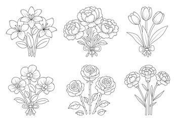 Black line flower bouquets set. lilies, peonies, tulips, orchids, roses, carnations. Vector monochrome buds with leaves, coloring page