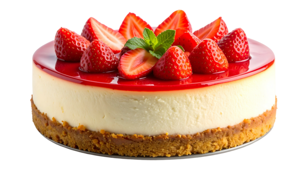 Cheesecake topped with fresh strawberries and a red glaze, mint