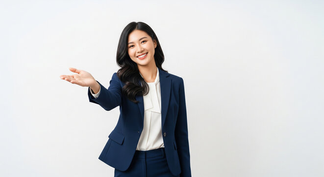 Confident Woman Presenting Opportunity in Modern Office, Welcoming Clients for Business Growth