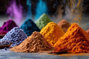 Colorful spice powder piles on dark background